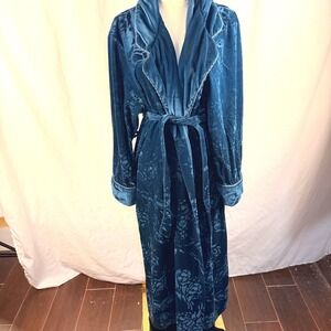 Vintage Jasmine Rose Dark Green Velvet Burnout Floral Robe Large Cozy Cottage